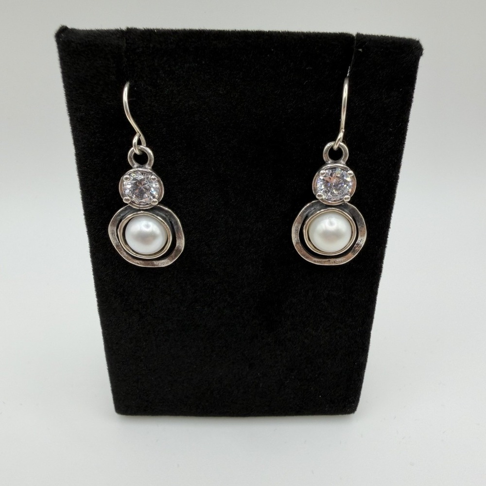 Didae Israel 925 Sterling Silver Pearl & CZ Crystal Circle Dangle Earrings